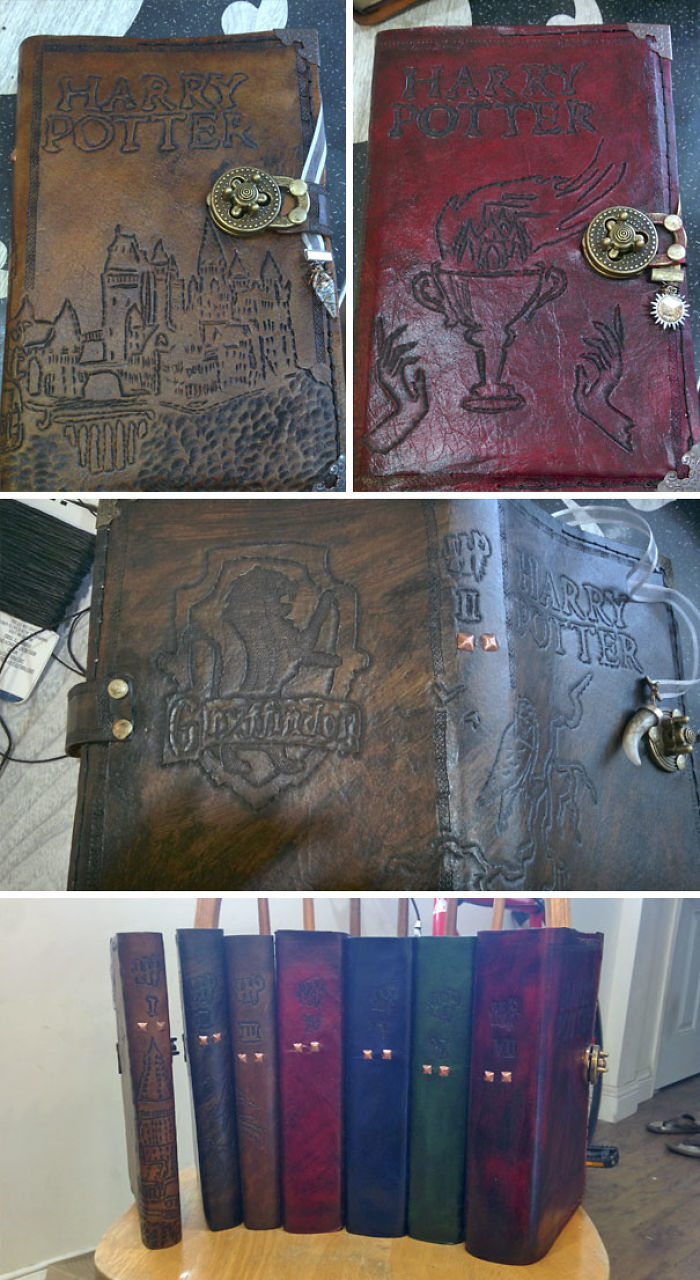 He fabricado cubiertas de cuero personalizadas para cada uno de los libros de Harry Potter de mi novia