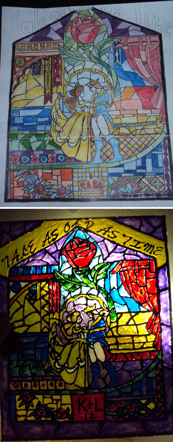 I Decided To Make My Wife A Surprise Gift For Her To Receive At Our Wedding. She Loves Beauty And The Beast So I Decided To Hand Draw A Picture Of The Window From The Movie And Make Her A "Stained Glass Window" For Our Apartment
