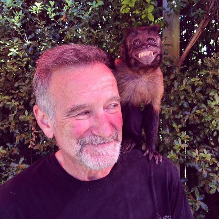 Photo of Robin Williams with monkey on his shoulder