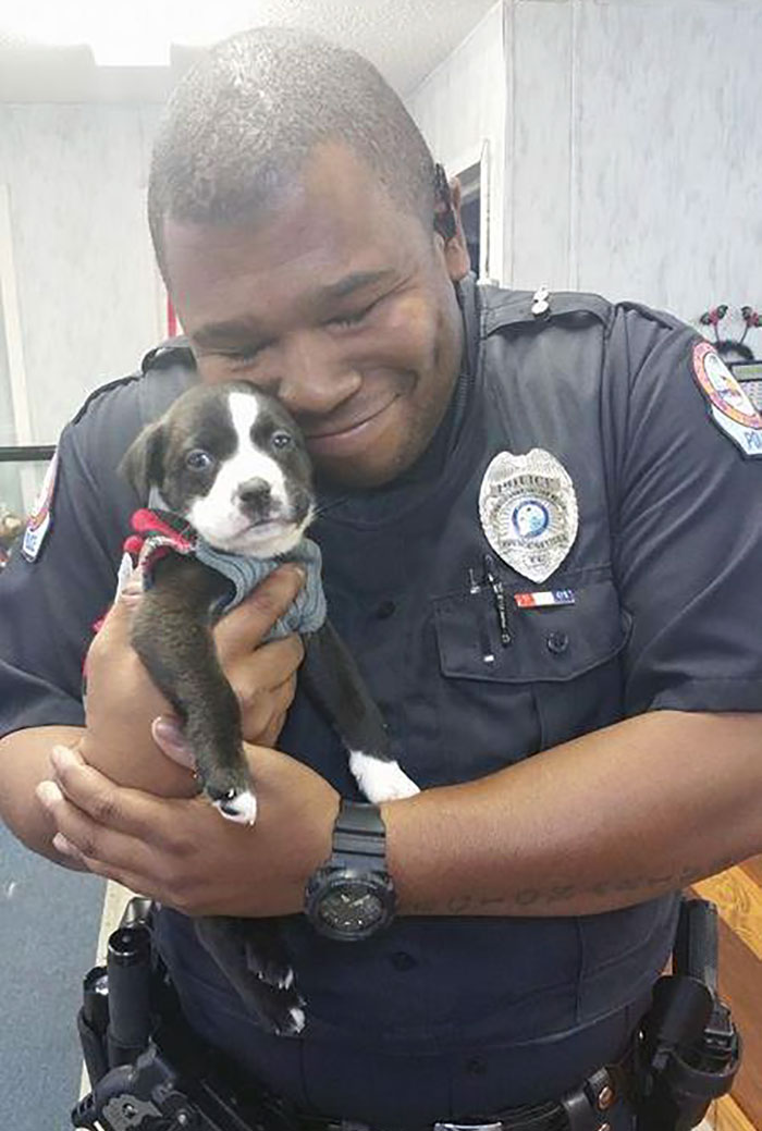 Oficial Montgomery dando amor al nuevo miembro de su familia