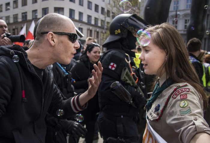 16-Year-Old Student, Lucie Myslikova Confronting A Neo-Nazi Demonstrator