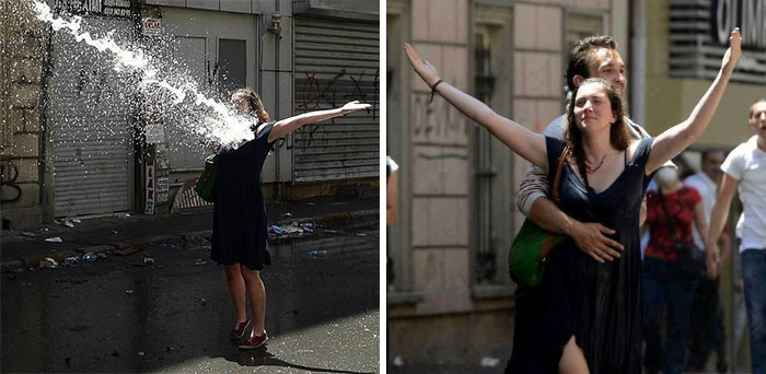 Woman Braves The Water Cannon In Turkey, 2013