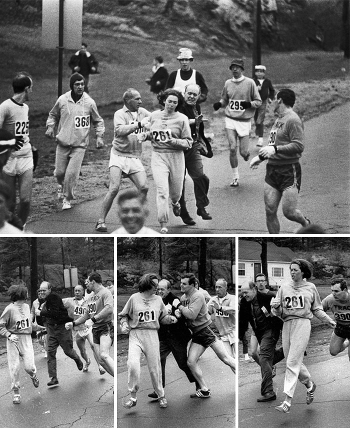 Kathrine Switzer Was The First Woman To Run The Boston Marathon. When Organizer Jock Semple Realised A Woman Was Running He Tried To Tackle Her, 1967