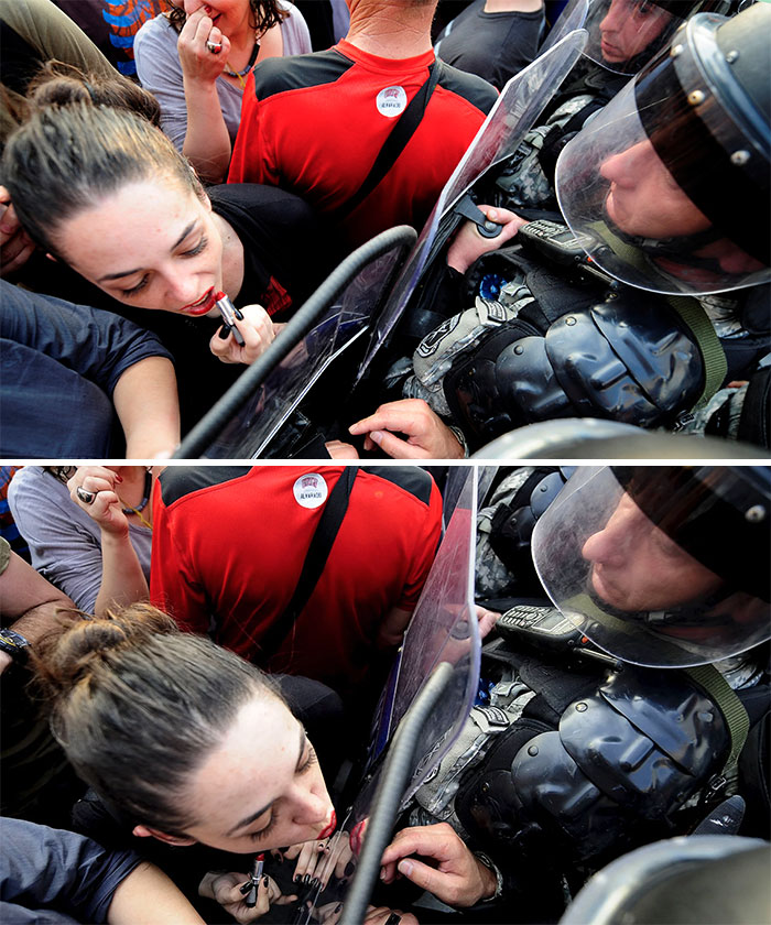 Jasmina Golubovska Kisses The Shield Of A Police Officer In Front Of The Macedonian Government Building In Skopje, 5 May 2015