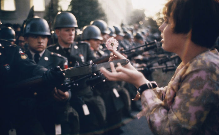 Young Pacifist Jane Rose Kasmir Planting A Flower On The Bayonets Of Guards At The Pentagon During A Protest Against The Vietnam War, 21 October 1967