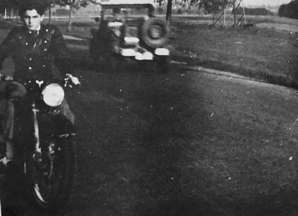 My Grandfather On A Motorcycle He Stole From A Nazi, Weeks After American Troops Liberated Him From A Concentration Camp In Landsberg, Germany (May 1945). He Had Spent 4 Years In Concentration Camps Around Poland And Germany