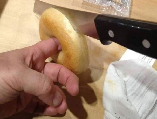 When Cutting Bagels In Half, Put Your Finger Through The Stabilization Hole To Keep It Steady