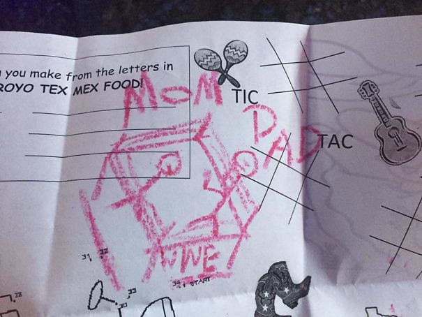 My Friend Took This Photo Of A Kid's Drawing On A Child's Menu