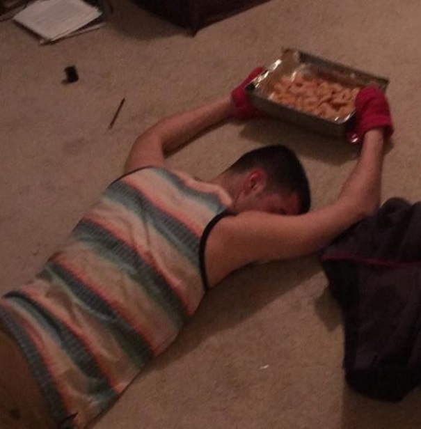 It Was My Friend's 21st Birthday Last Week. He Passed Out Like This. And Yes, Those Are Pizza Rolls