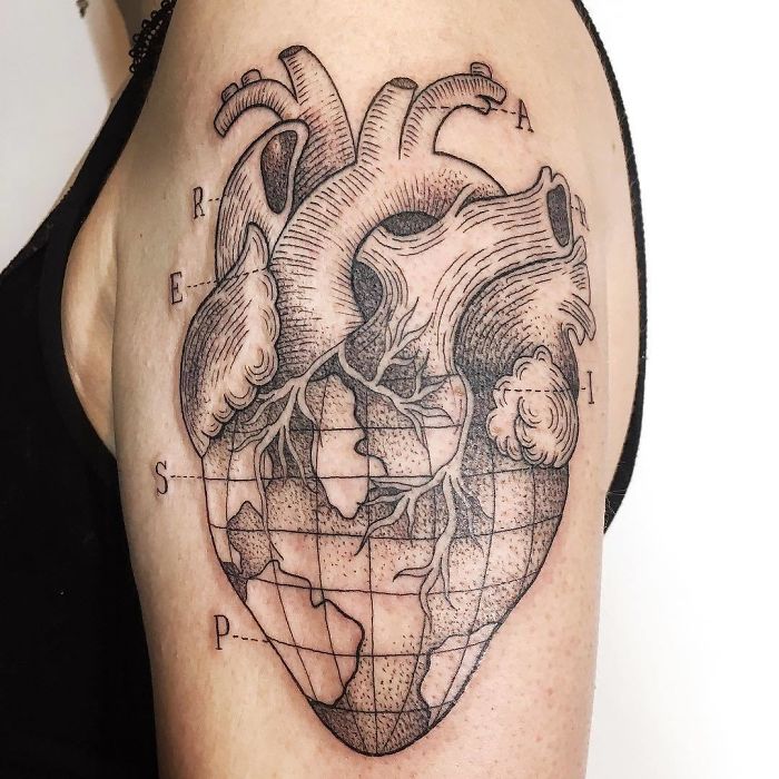 Heart with earth shoulder tattoo