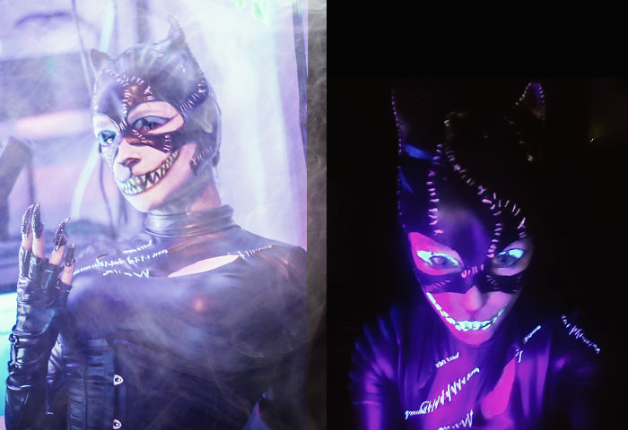 Cheshire Catwoman - We Made A Burton-Themed Halloweenparty. So This Costum Is A Crossover Between Catwoman In The Batman-Movie By Burton And Cheshire Cat In Alice In Wonderland By Tim Burton. There Are Blue Stripes All Over The Outfit Just Visible Under Uv-Light.