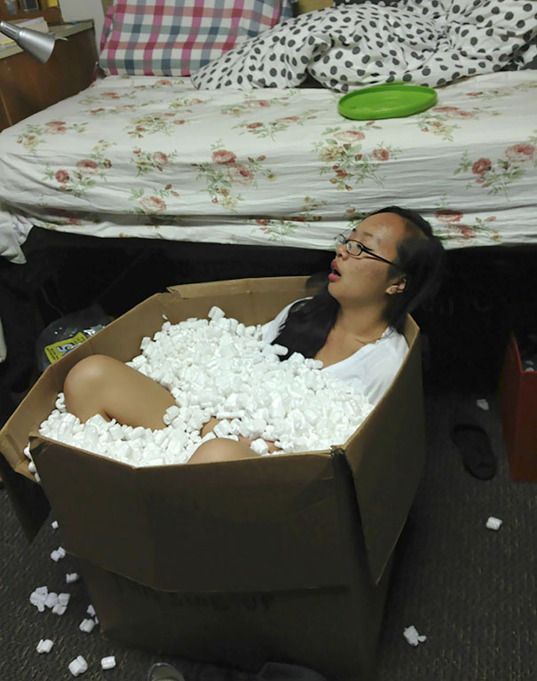 I Wake Up At 2am To Find My Roommate Passed Out In A Box Of Packing Peanuts