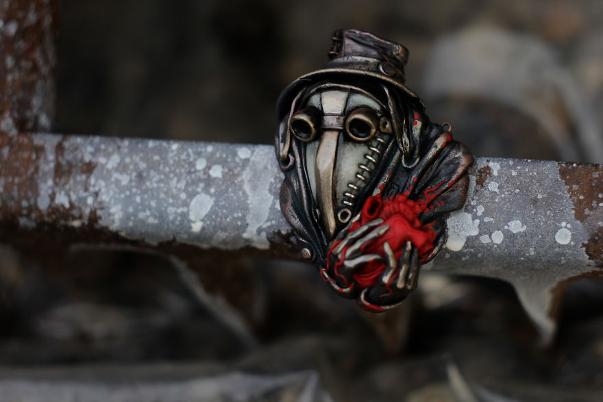 Steampunk Necklace Plague Doctor With A Heart In His Hands.