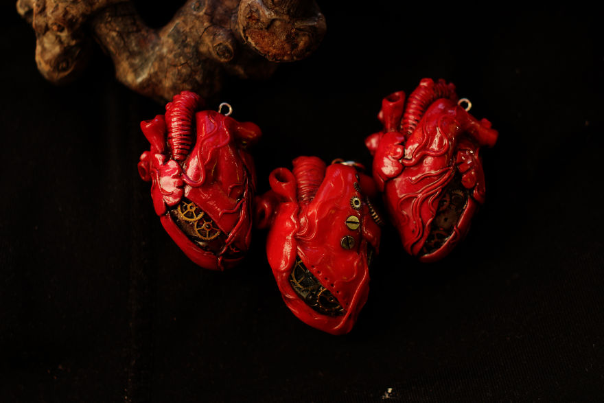 Pendants In The Form Of Anatomical Hearts.