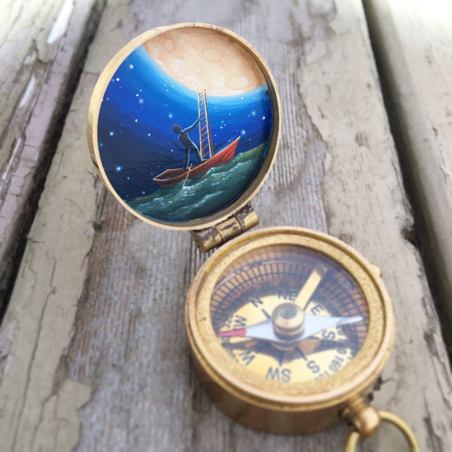 I Encourage People To Find Their Way By Painting Miniature Scenes On Compasses