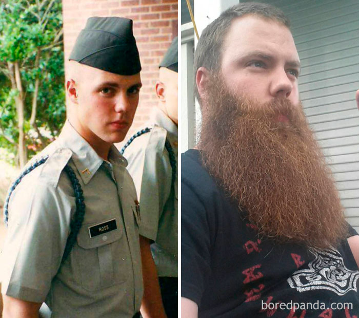 Before And After Beard. Well 14 Years Before. Infantry Basic Training Blue Cord Ceremony In 2001. Time And Going To War Makes A Big Change