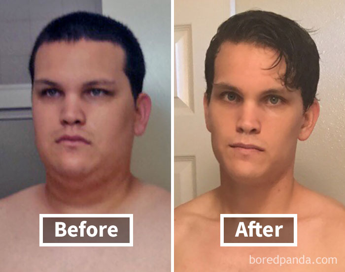 Man with short hair before weight loss and after and long hair