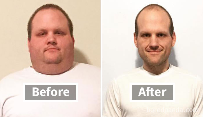 Man with short hair before weight loss and after