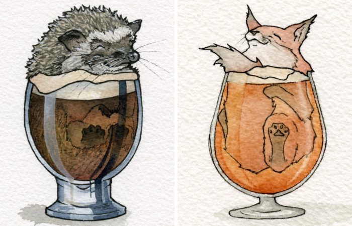 Watercolor Artist And Home Brewer Creates Cute Drawings Of Animals Chilling Out In Booze