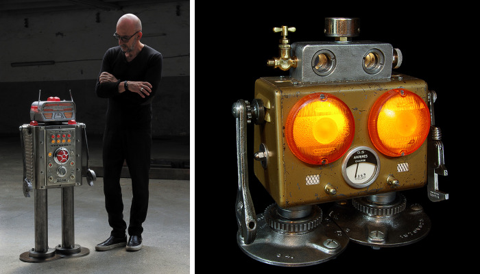 I Sculpt Illuminated Robots From Upcycled Materials