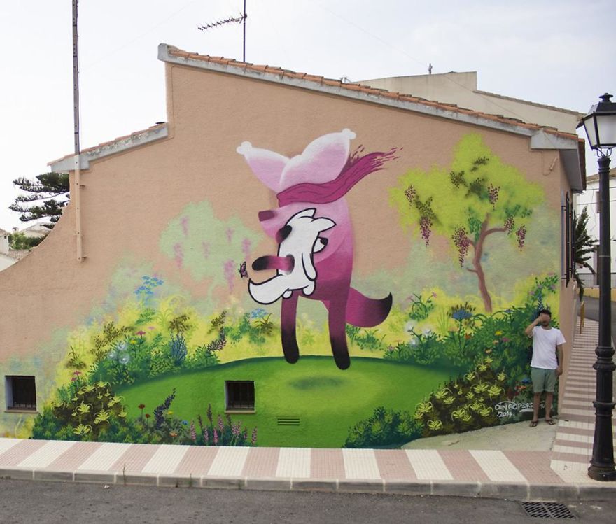 Artist Mixes His Mascot, An Adorable White Dog With Wonderful Street Arts