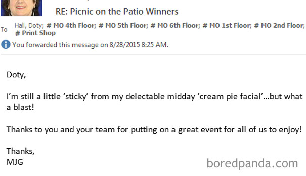 We Had A Large Corporate Event Yesterday Where Some Bosses Got Hit With Pies For Charity. One Of The Female Bosses Sent This Email To The Whole Main Office