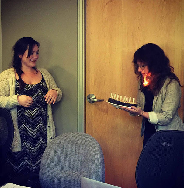 A Couple Of Years Ago, My Friend/ Coworker Set Her Hair On Fire While Blowing Out The Candles On Her Birthday Cake. This Was Taken The Split Second Before Anybody Realized