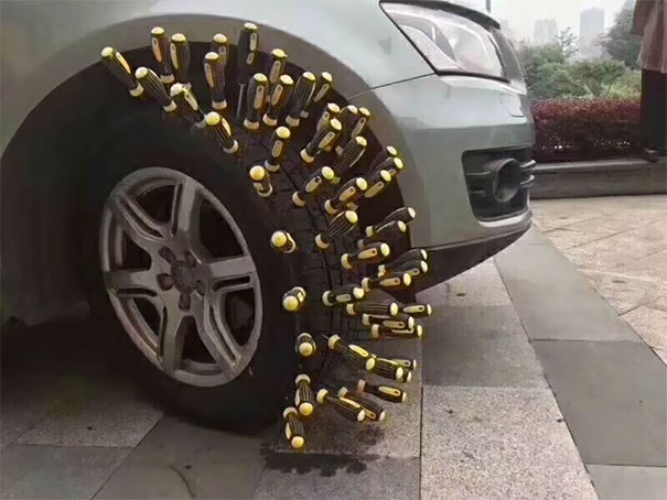 Never Slip In The Winter Anymore By Piercing Screwdrivers Through Your Wheels