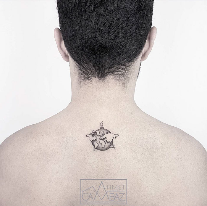 Earth with continents lower neck tattoo