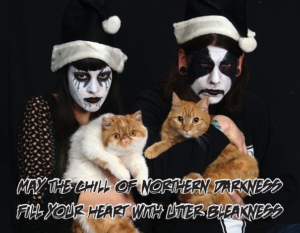 My Gf Got A Groupon For Xmas Cards. "Can We Bring The Cats?" She Asked Me... Followed By "Can We Wear Corpse Paint?" I Present: "Black Metal Christmas (With Cats)"