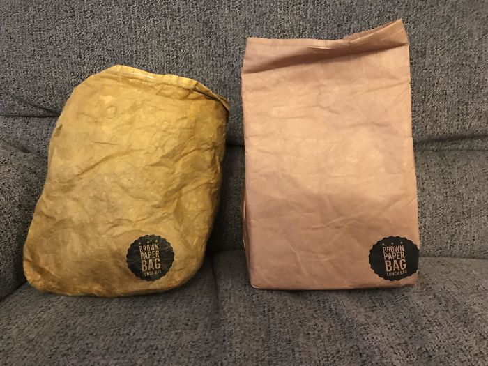 My Old Lunch Bag (Modelled After A Traditional Brown Paper Bag), Four Years Old And Used Every Day, Vs A Brand New One I Have Bought Replace It