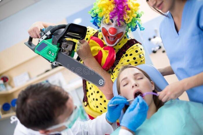 Dentists are making procedure for a woman and a clown with a chainsaw trying to collaborate