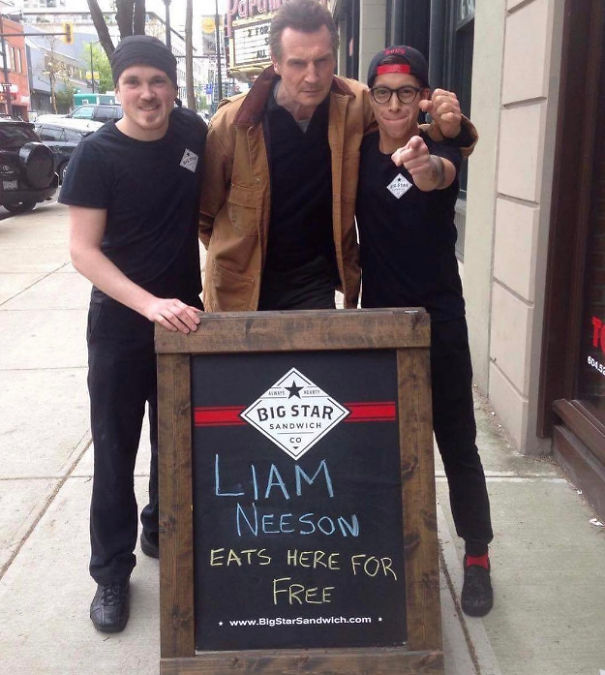 Sandwich Shop Offers Liam Neeson Free Food, Liam Neeson Show Up