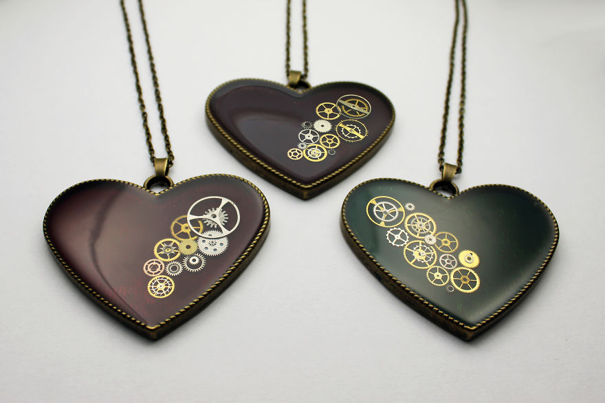 Colorful Heart Shaped Pendants Made From Refurbished Real Watch Parts