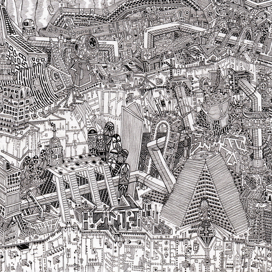 I Designed My Own Imaginary Cityscape In Black And White Using Markers