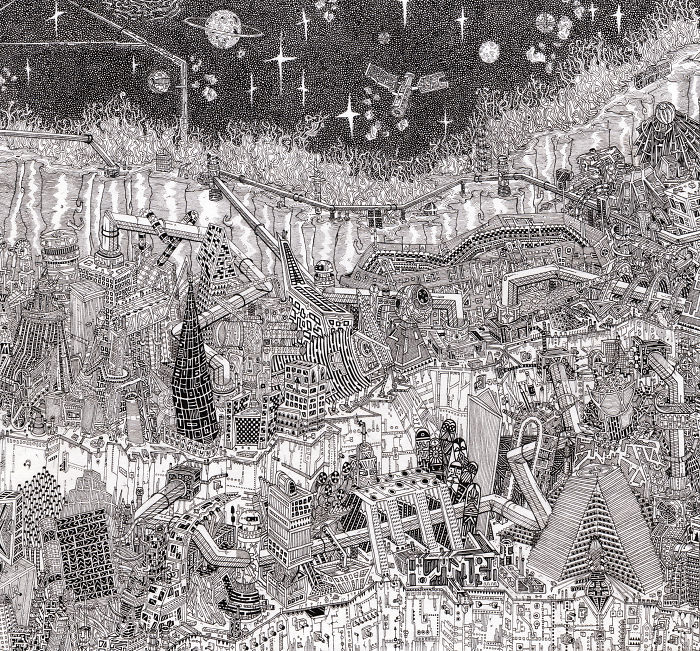 I Designed My Own Imaginary Cityscape In Black And White Using Markers