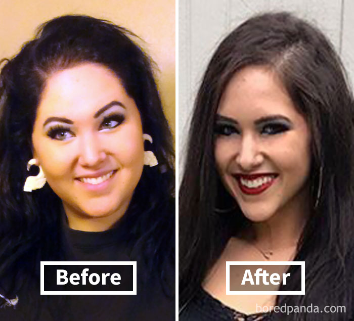 Woman with dark hair before weight loss and after