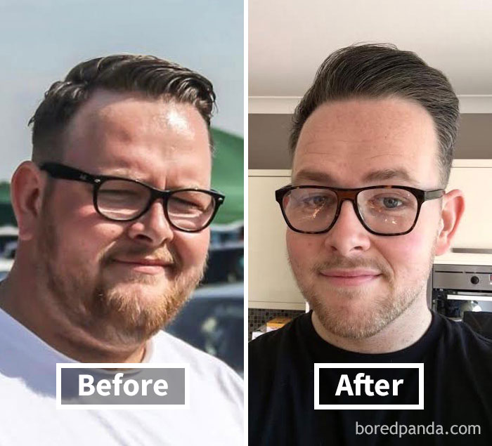 Man with glasses and beard before weight loss and after