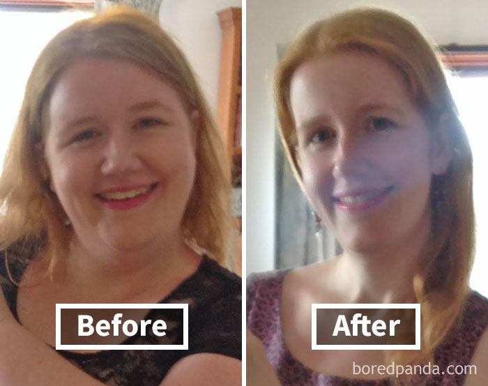 Woman with long hair before weight loss and after