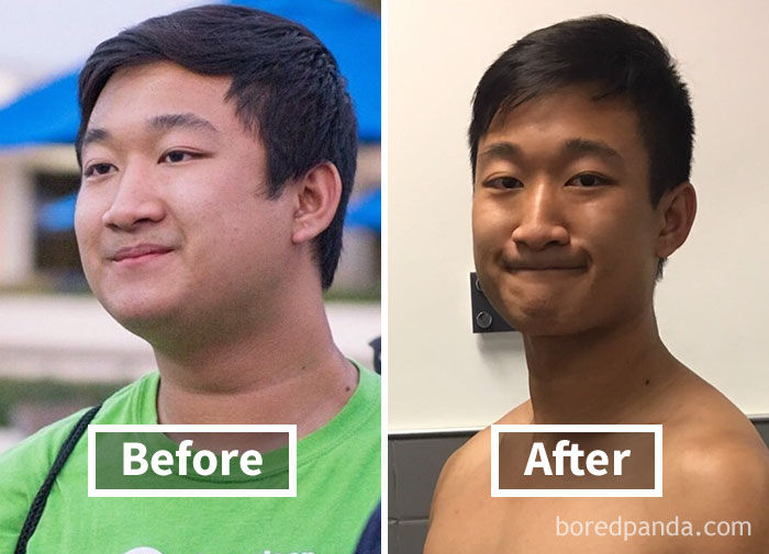 Man with short hair before weight loss and after