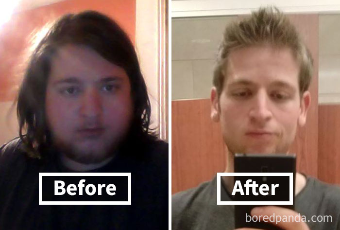 Man with long hair before weight loss and after with short hair