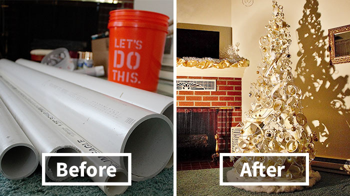 We Made A Christmas Tree From An Old Tire, A Bucket, And 40Ft Of PVC Pipe