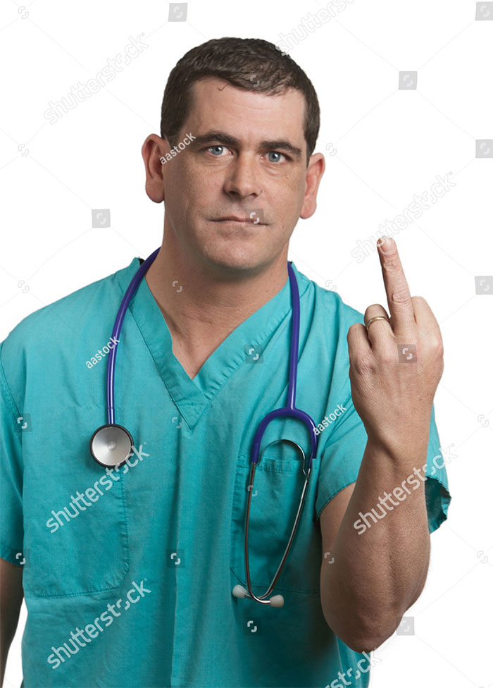 A doctor showing his middle finger