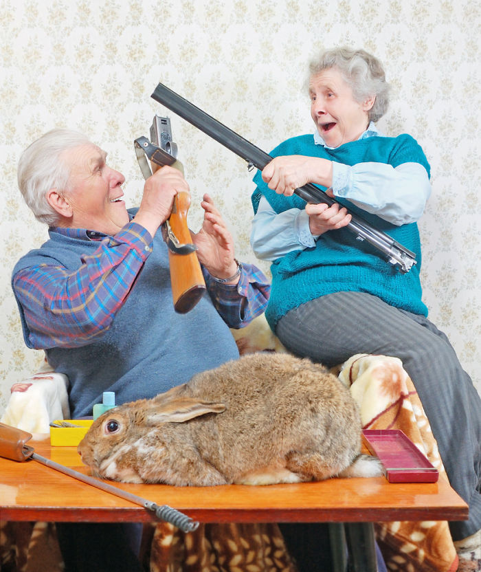 Old people enjoy retirement with a gun over a rabbit that's scared for its life