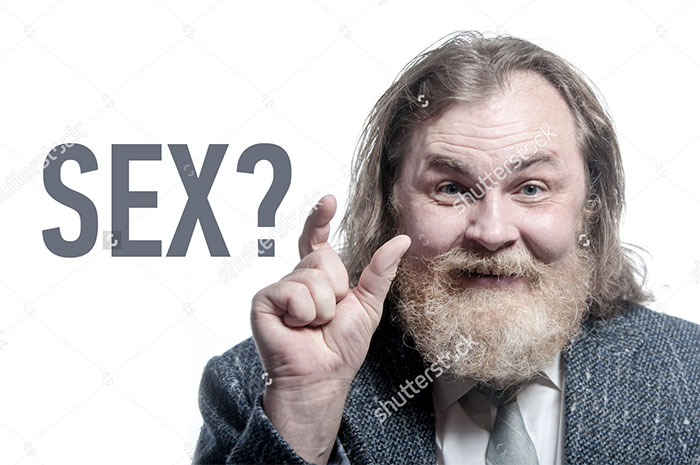Old bearded man showing the size with his fingers and ‘SEX?’ question near him
