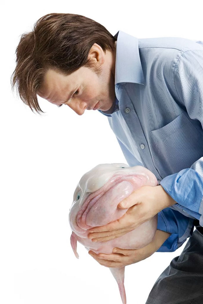 A man in shirt is holding a blobfish