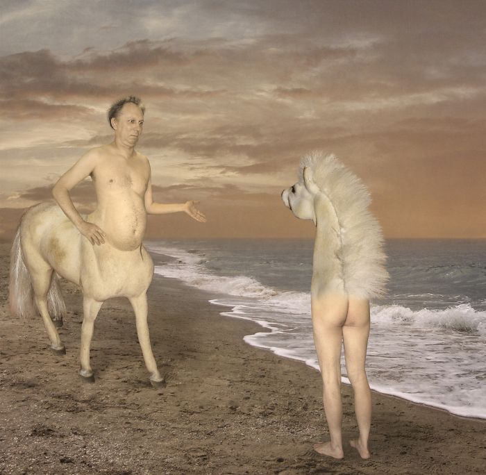 Centaur man communicates with a half legs and half horse head creature at beach