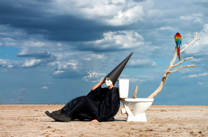 A person in black wear and a cone hat is sitting near the toilet and a wooden branch with a parrot on it and thinking