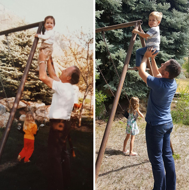 My Grandma Passed Away And The Family Decided To Sell The House. I Found A Picture Of My Grandpa And Me (Circa 1984) In A Box While Cleaning And Recreated It With My Children