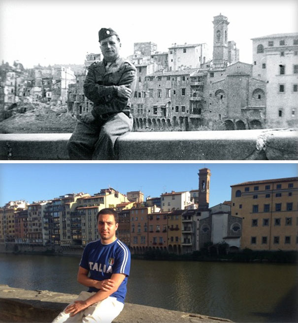 Sitting Exactly Where My Grandfather Sat In WWII, 1944 VS. 2014. Arno River, Florence Italy